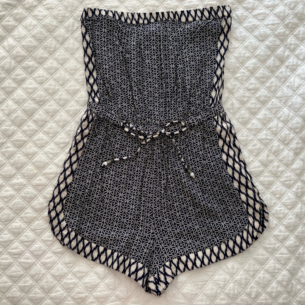 Angie Romper Blue and White Geometric Pattern